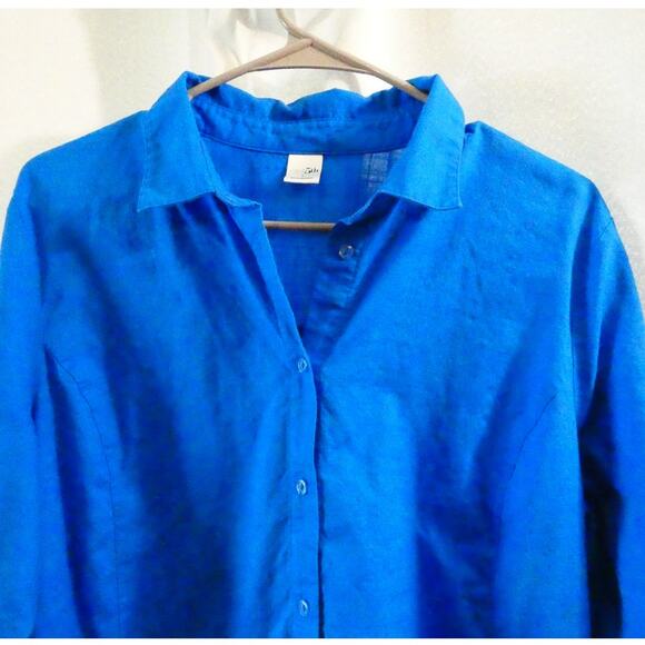 East 5th Large Women's Tunic Blouse Blue 3/4 Sleeves Collared Cotton Button Up - Picture 2 of 5